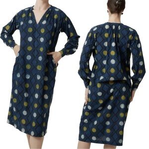 V De Vinster NWOT Karma Midi Dress Blue Beaded 100% Cotton Large Lagenlook